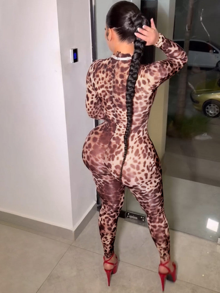 Leopard Print Zipper Slim One Piece