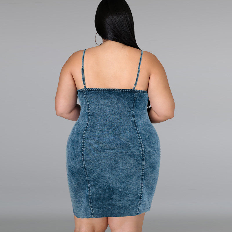 Plus Size Sleeveless Sling Demim Mini Dress