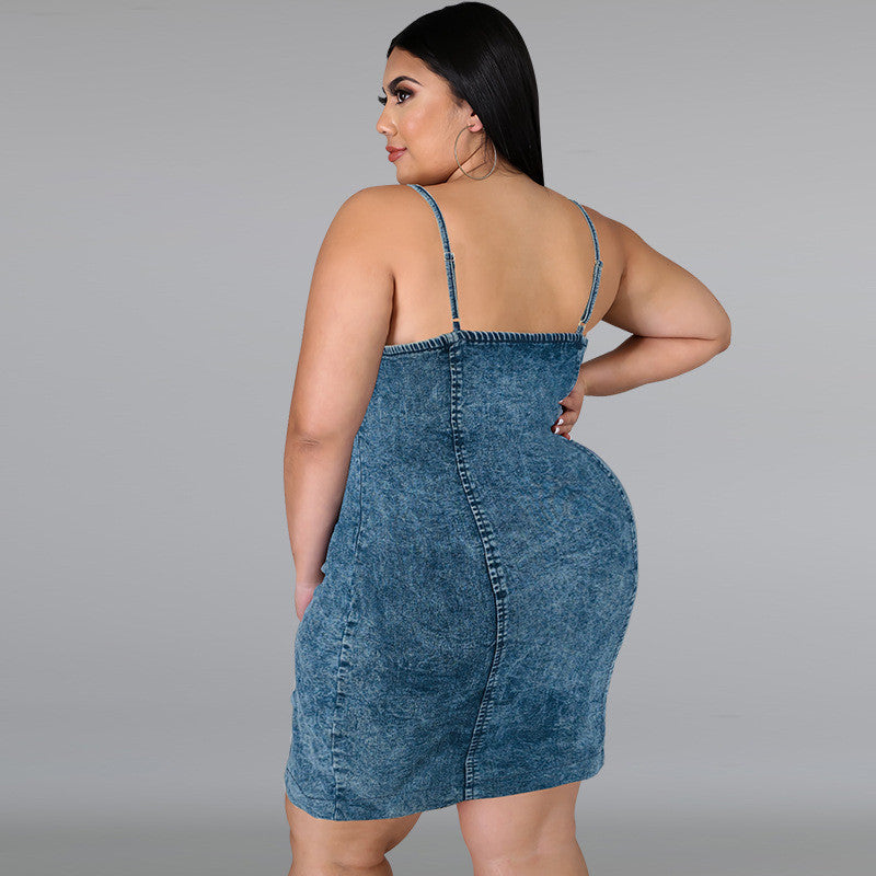 Plus Size Sleeveless Sling Demim Mini Dress