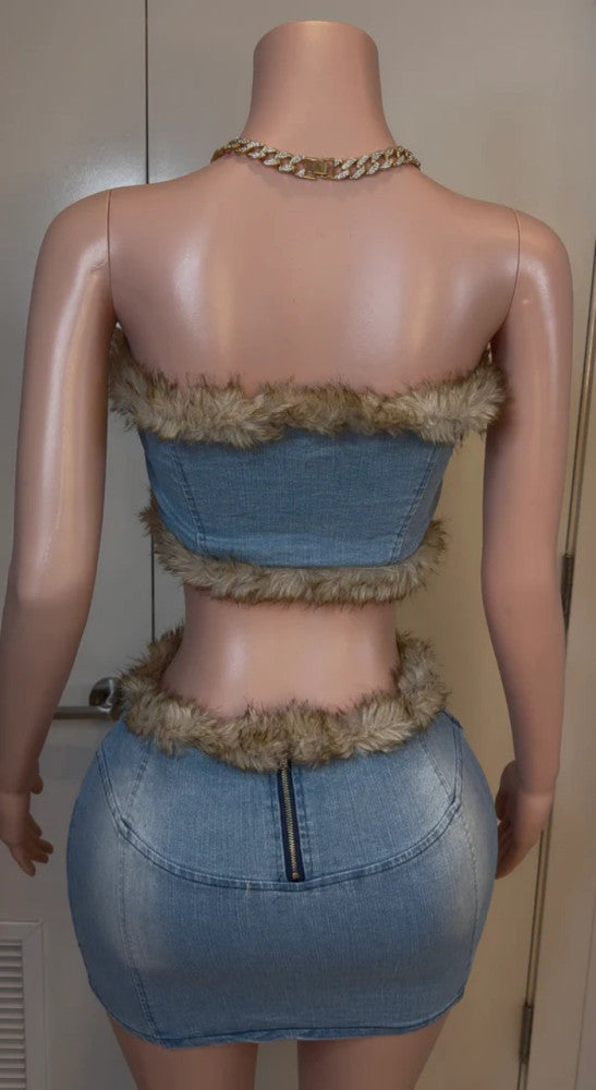 Plush Patchwork Bustier Tops And Skirts Denim 2 Piece Set